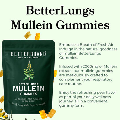 Betterbrand Mullein Gummies for Lungs – 1000mg Herbal Supplement for Lung Detox & Respiratory Support – Pear Flavor Chewable Breatheasy Gummy – 30 Day Supply