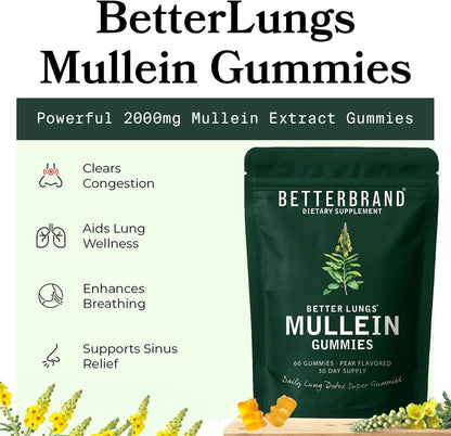 Betterbrand Mullein Gummies for Lungs – 1000mg Herbal Supplement for Lung Detox & Respiratory Support – Pear Flavor Chewable Breatheasy Gummy – 30 Day Supply